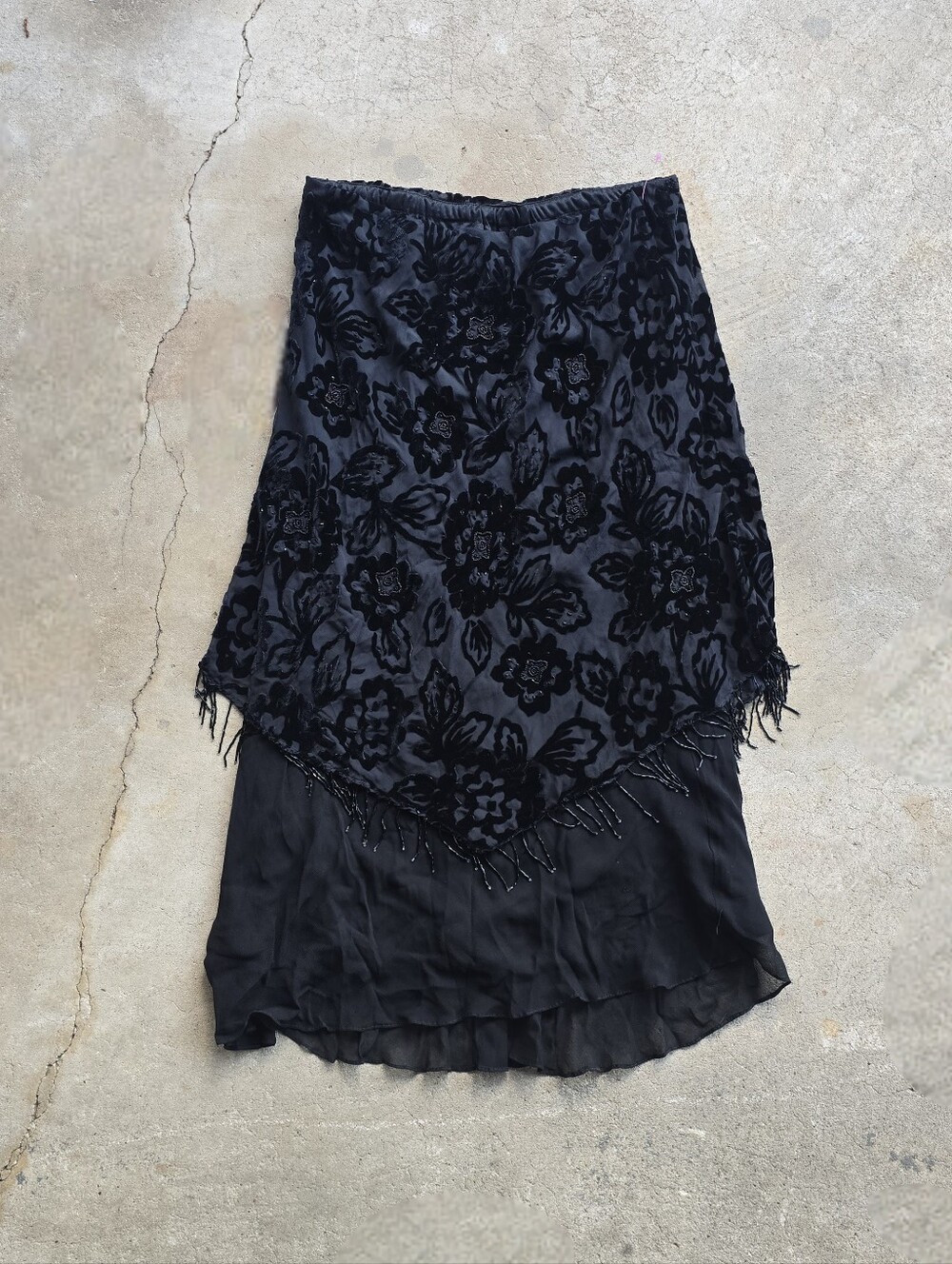 Y2K Vintage 90s Maxi Skirt Velvet Grunge Burnout Fringe Black Whimsigoth L Fairy
